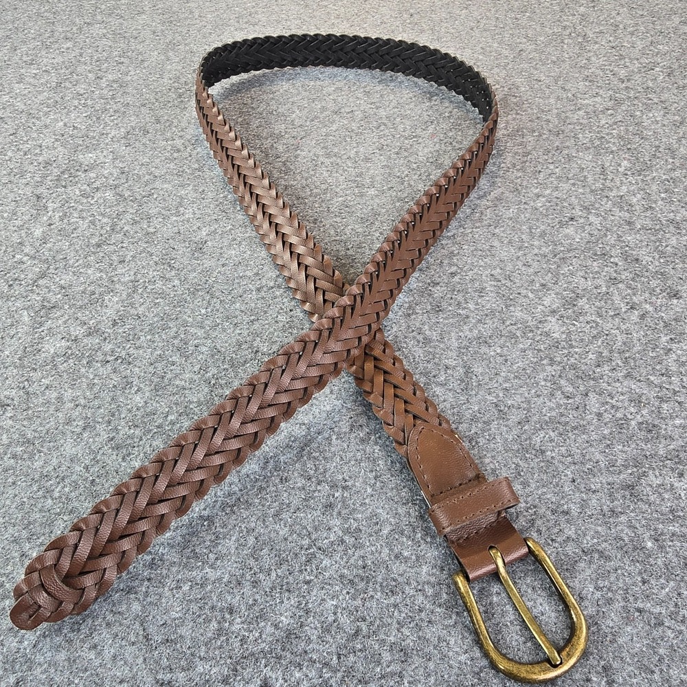 Women's Belt Brown Leather Braided Adjustable Belt with Gold Tone Buckle